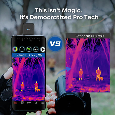 Long Range Thermal Monocular For iPhone With 13mm Lens And Tactical Handle Infrared Imager For Outdoor Hunting And Wildlife Detect Deer At 1500 Yards In Night Vision Black showing comparison of thermal images on smartphone and separate view