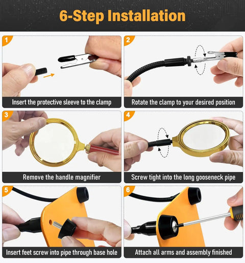 6-step installation guide for Helping Hands Soldering Station With 5X Magnifying Glass And 4 Flexible Arms Third Hand Tool.