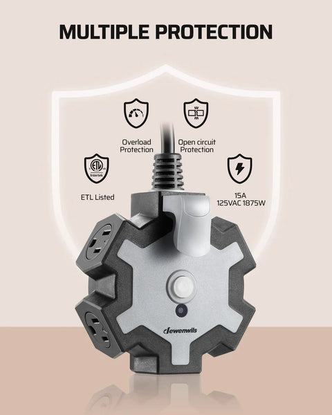 Heavy Duty 15 Feet Extension Cord With Five Outlet Power Hub For Workshop And Job Sites Fo Sho showing multiple protection features.
