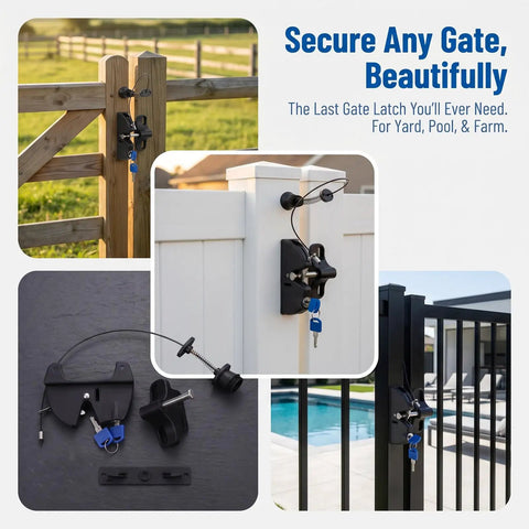 INOOMP 1Set Gate Lock for Outdoor Fence, 2-Sided Self-Locking Latch w Key, shown mounted on wood and vinyl gates.