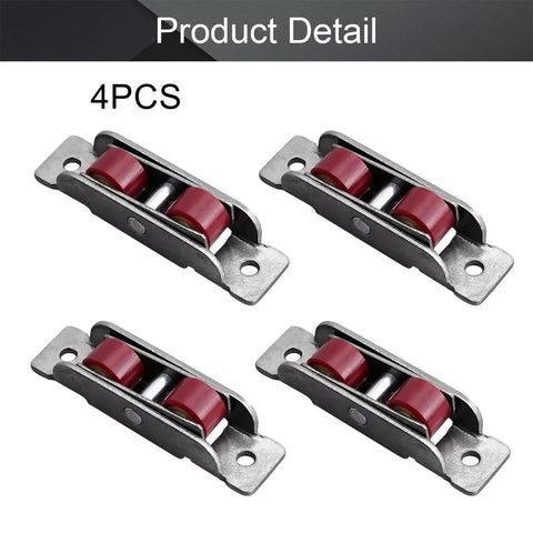 Slick Smooth Glide Double Wheel Pulley For Sliding Doors And Windows Featuring A Badass Stainless Steel Shell Silver Finish Heavy Duty Nylon Track Rollers 4 Pack, showing four red nylon wheel pulleys.