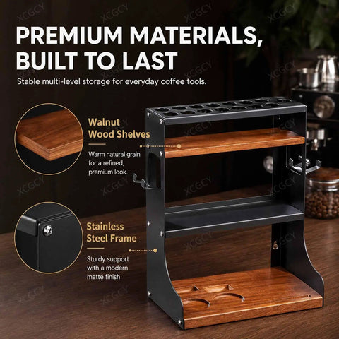 Level Up Your Daily Grind With This Wall Mounted Coffee Bean Storage Tube Set Featuring Twelve Single Dose Espresso Vials Designed To Lock In Flavor And Make Your Home Bar Setup Look Absolutely Crisp, showcasing walnut wood shelves and stainless steel frame.