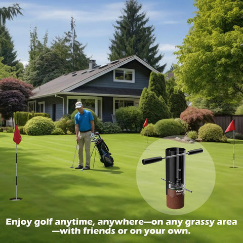 Man using Pro Grade Portable Golf Hole Cutter Kit With 4 Inch And 6 Inch USGA Standard Holes in a backyard putting green