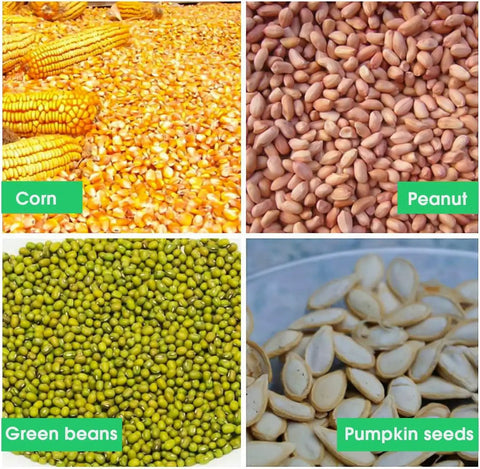 Collage of corn, peanuts, green beans, and pumpkin seeds promoting Portable Garden Seeder And Fertilizer Spreader For Peanut And Soybean Planting Handheld Seed Sower For Home And Yard Durable Plastic Construction Easy To Use Precision Seed And Fertilizer Distribution Sowing Like A Pro.