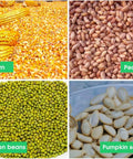 Image showing corn, peanuts, green beans, and pumpkin seeds, illustrating types sowable with Double Cylinder Seed Fertilizer Spreader And Planter For Home Garden, Manual Handheld Seeder For Peanuts And Soybeans, Adjustable Sowing And Fertilization, Easy To Use, Efficient Yard Tool.