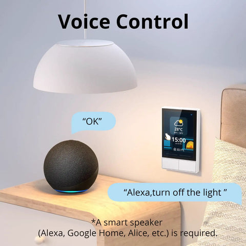 NSPanel Smart Wall Switch With Touchscreen, Two Channel WiFi Scene Controller alongside voice assistant and lamp