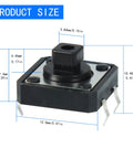 Dope 70 Piece 12x12x7.3mm Tactile Button Switch Kit with 4 Pin PCB Micro Switches, dimensions labeled on switch illustration.