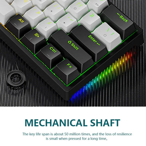 Compact 61 Key Wired Gaming Keyboard With Dope Rgb Backlights Adjustable Brightness And Movement Speed Slick Mechanical Switches Nailed It Design For Tiny Desks Crisp Typing And Flat Out Game Day Action Locked In Accuracy close-up view of mechanical keys with RGB backlighting and typing features.