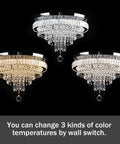 Modern 19.7 Inch Crystal Chandelier LED Flush Mount Ceiling Light with three color temperatures shown in different settings.