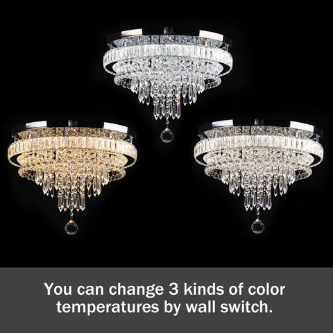 Modern 19.7 Inch Crystal Chandelier LED Flush Mount Ceiling Light with three color temperatures shown in different settings.