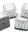 Square Felt Furniture Pads 1 1/4 To 1 3/8 Inch Self Adhesive Floor Protectors 4 Pack with grey felt base and clear plastic holder.