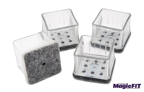 Square Felt Furniture Pads 1 1/4 To 1 3/8 Inch Self Adhesive Floor Protectors 4 Pack with grey felt base and clear plastic holder.