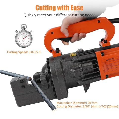 1250w Electric Hydraulic Rebar Cutter Tool For 3/4 Inch #5 Steel Bar Cutting In Just 3.5 Seconds With Pure Copper Motor and user gripping handle.