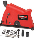 Red dust collector attachment and dust shroud for angle grinders with clamps and adapters, captures 95 percent of dust, compatible with vacuum.