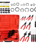 225 Piece Snap Ring Pliers Kit With Straight And Bent Retaining Ring Pliers For Internal And External Retaining Rings C Clips, 140Pcs Ring Assortment, 70Pcs Rubber Gaskets And 4Pcs Hose Removal Hooks For Lawn Mowers in red case.