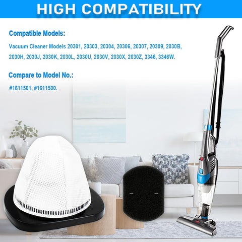 2030 Vacuum Filter Pack with 3 replacement and 3 foam filters for models like 2030B, 2030J, 3346 next to compatible vacuum cleaner