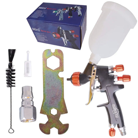 Pro HVLP Spray Gun With 1.2Mm Tip And 250Ml Cup For Auto Painting And Bodywork Touch Ups showing spray gun parts and box.