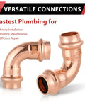 Two copper 1/2 in x 1/2 in press-fit 90-degree elbow fittings for copper tubing (angled front view).