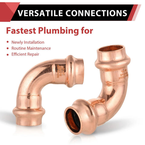 Two copper 1/2 in x 1/2 in press-fit 90-degree elbow fittings for copper tubing (angled front view).