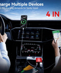 Heavy Duty 300W Car Power Inverter With Dual AC Outlets And Lightning Fast USB C PD 30W Plus Quick Charge USB A 18W Built For Tesla Model Y charging multiple devices in car.