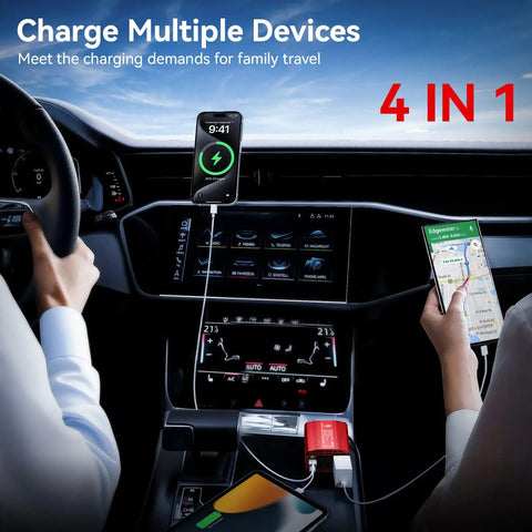 Heavy Duty 300W Car Power Inverter With Dual AC Outlets And Lightning Fast USB C PD 30W Plus Quick Charge USB A 18W Built For Tesla Model Y charging multiple devices in car.