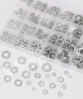 Washer assortment kit: 400-piece stainless steel lock, split, and flat washers in a clear case