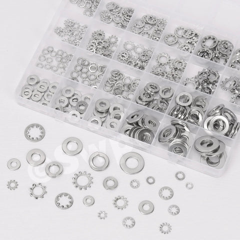 Washer assortment kit: 400-piece stainless steel lock, split, and flat washers in a clear case