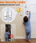 Childproof security lock on white door with a toddler reaching for the handle, demonstrating safety and installation.