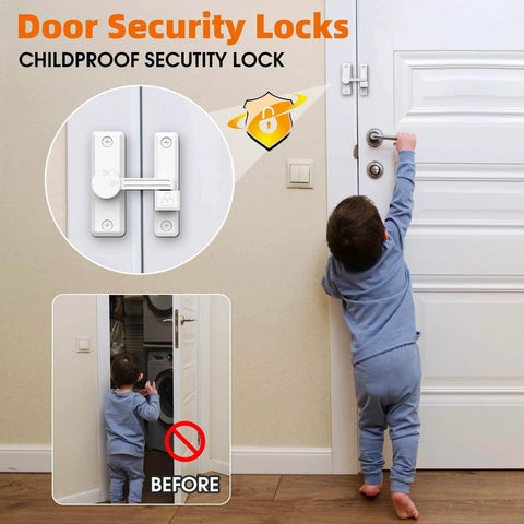 Childproof security lock on white door with a toddler reaching for the handle, demonstrating safety and installation.