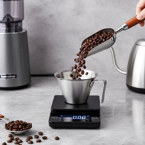 Stainless Steel Espresso Cup With Handle, Durable Coffee Shot Measuring Cup With Built-In Scale, V Shaped Mouth, 3.4 Oz 100 Ml, Rust-Resistant, Dishwasher Safe, Easy Pour For Your Home Barista Setup on digital scale with coffee beans