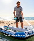 Person using Cordless Water Transfer Pump With Two 4.0Ah Batteries Included, 740 GPH Portable Submersible Pump on inflatable boat at beach