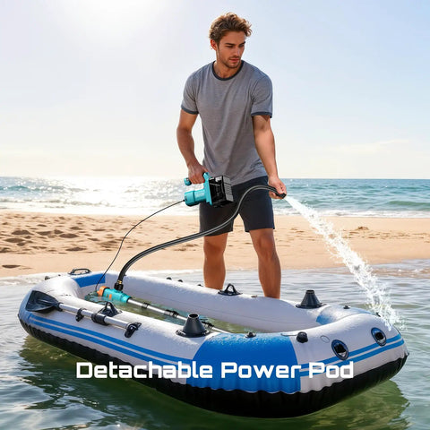Person using Cordless Water Transfer Pump With Two 4.0Ah Batteries Included, 740 GPH Portable Submersible Pump on inflatable boat at beach