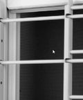Close-up of Swing Open Style 6 Bar Window Guard for Child Safety, white finish, steel bars 3.5 inches apart, adjustable width up to 42 inches