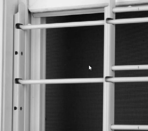 Close-up of Swing Open Style 6 Bar Window Guard for Child Safety, white finish, steel bars 3.5 inches apart, adjustable width up to 42 inches