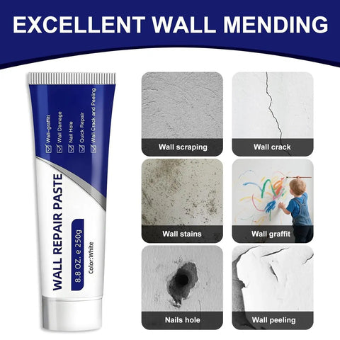 Fast Drying Wall Repair Paste For Cracks And Holes, Multi Function Drywall Patch Kit With Scraper And Sandpaper shown with various wall issues