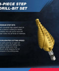 NEIKO 10181A three-piece step drill-bit set; titanium-coated high-speed steel with 31 steps, angled side view