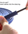 Inserting cable into the 100 Ft Half Inch PET Expandable Braided Cable Sleeving Black Blue For Auto Audio And HDMI Wiring