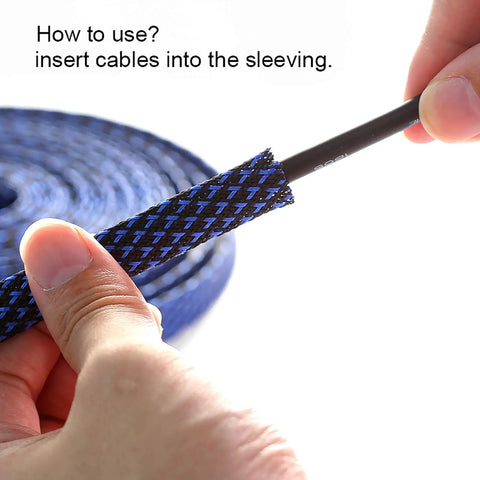 Inserting cable into the 100 Ft Half Inch PET Expandable Braided Cable Sleeving Black Blue For Auto Audio And HDMI Wiring