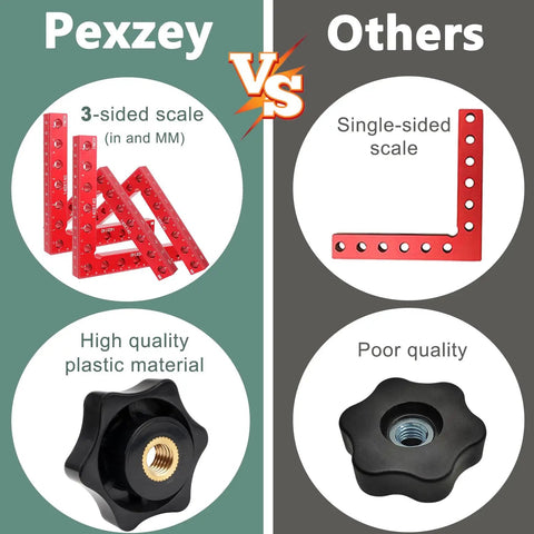 Comparison of Pexzey 3-sided scale clamps and competitors single-sided scale clamp for woodworking tools.