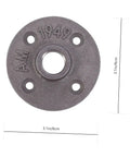 Top view of a round malleable iron floor flange with measurements, part of Four Piece Malleable Iron Floor Flange Fittings For Furniture Shelving Decor Industrial Style Clothing Racks Table Legs And Home Design Projects Ideal For DIY Builds And Creative Furnishings.