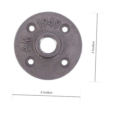Top view of a round malleable iron floor flange with measurements, part of Four Piece Malleable Iron Floor Flange Fittings For Furniture Shelving Decor Industrial Style Clothing Racks Table Legs And Home Design Projects Ideal For DIY Builds And Creative Furnishings.