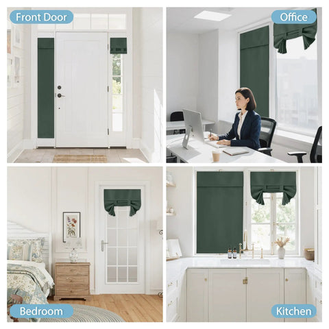 Easy No Drill Install French Door Curtain Panel, 69 Inch Length, Dark Green Room Darkening Window Covering For Patio Doors, Energy Efficient Shade, 1 Panel With Adhesive Straps, Simple Setup That Blocks Light And Keeps Heat In shown installed in various home settings.