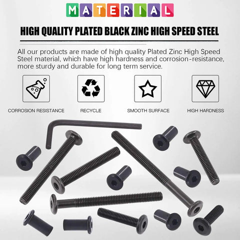 85 Piece Must Have M6 Hex Socket Cap Bolts Kit With 16 25 35 45 55 65 75mm Lengths Countersunk Heads And 42 Barrel Nuts Plus Allen Wrench For Chairs Tables Cabinets Furniture Black Hardware in black zinc steel.