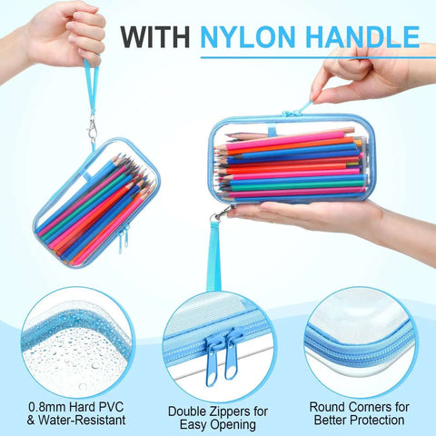 Top Shelf Four Pack Clear Hard Shell Zipper Cases In Vibrant Blue Durable Plastic Travel Pouches for organizing colored pencils.
