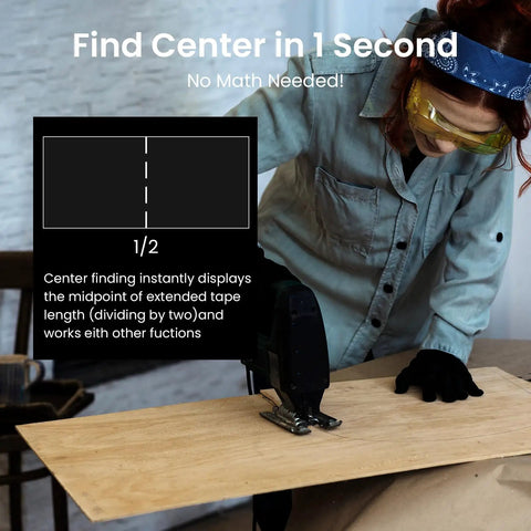 Person using a Super Handy 16 Ft Digital Tape Measure With 6 Metric And Imperial Units for accurate center measurement on wood.