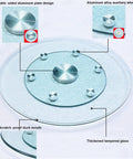 Tempered Glass Rotating Tray With Aluminum Core Turntable Heavy Duty Lazy Susan With clear glass and metal components.
