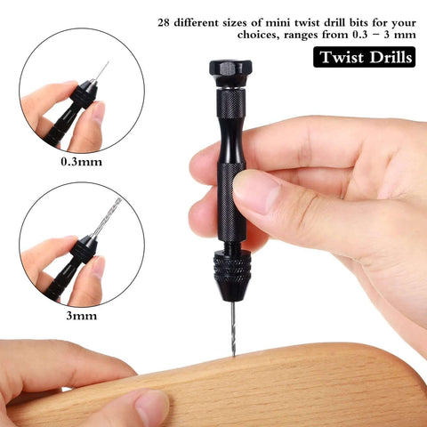 Black handheld pin vise drill with 0.3mm and 3mm twist bits for resin and polymer clay DIY projects