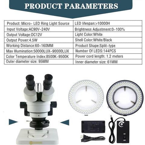 144 LED Microscope Ring Light With Adjustable Brightness And Stepless Dimming For Shadow Free Crystal Clear Observations In Lab Or Field Work Pro Grade Quality, 95mm ring, white/black