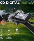 LCD screen on handlebar showing speed and battery info for a Heavy Duty Adult Electric Mountain Bike Built To Crush Local Trails, Offering A Peppy 750W Peak Motor, Fast 48V Battery, 27.5 Inch Tires, Lcd Screen, 55 Mile Range, And 21 Speed Gears.