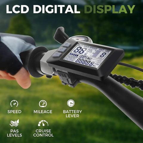 LCD screen on handlebar showing speed and battery info for a Heavy Duty Adult Electric Mountain Bike Built To Crush Local Trails, Offering A Peppy 750W Peak Motor, Fast 48V Battery, 27.5 Inch Tires, Lcd Screen, 55 Mile Range, And 21 Speed Gears.